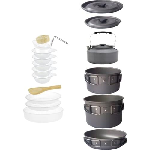 4-5 Person Aluminium Alloy Outdoor Hiking Picnic Camping Pot Set Cookware Utensil with Kettle and Tableware
