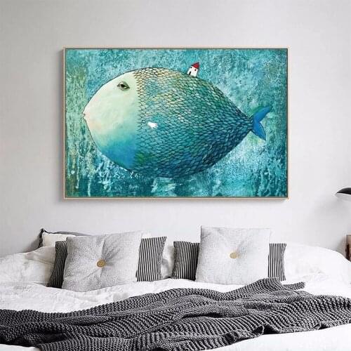 Nordic Canvas Painting Abstract Fish Wall Art Painting Canvas Print Poster Watercolor Bedroom Home Decor free shipping no frame