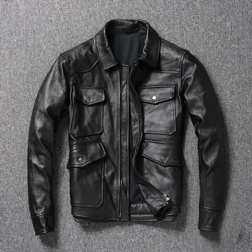 New Mens Genuine Leather Jacket Top Layer Cowhide Multi Pockets Large Size Motorcycle Leather Jacket Cowhide Coat