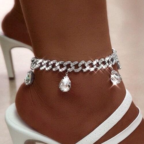 New Transparent Crystal Charms Cuban Metal Anklets For Women Punk Rhinestone Chunky Cuban Link Anklet Bracelet Foot Jewelry Gift