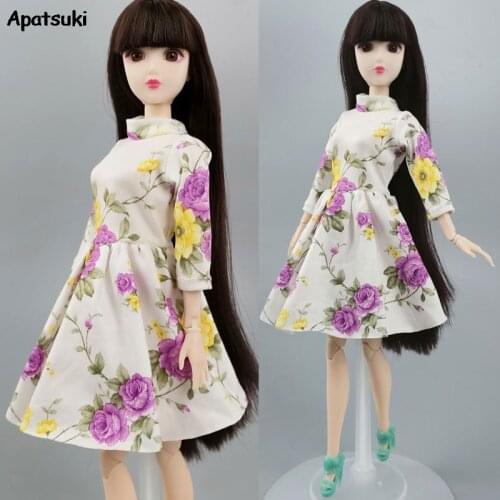 Autumn Flower One-Piece High Neck Dress for Barbie Doll Outfits Clothes for 1/6 BJD Doll Casual Wear Costume Accessories Kid Toy