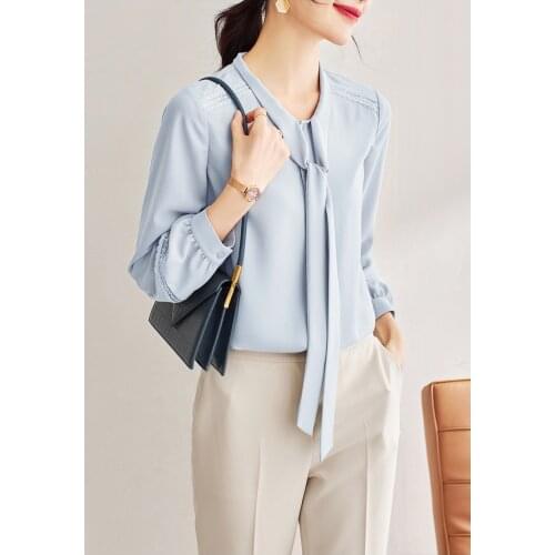 2021 autumn clothing S598 Shirt Women Top Blouse Tops V-neck female design sense niche long-sleeved ribbon shirt female