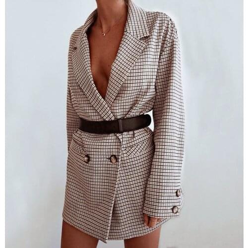 Fashion Elegant Plaid Blazer Dress Winter Autumn Women Long Sleeve Oversized Jacket Office Lady Wrap Bodycon Casual Streetwear