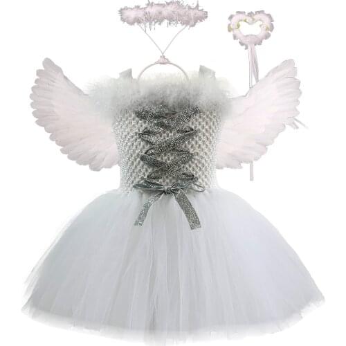 White Angel Tutu Dress for Girls Toddler Fluffy Angel Costume with Wing Magic Wand Kids Birthday Dresses Halloween Pageant Party