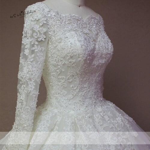 Puffy Vintage Long Sleeve Lace Wedding Dress Vestido de Noiva Manga Longa Bridal Dresses 2018 Beads Ball Gown Wedding Gowns