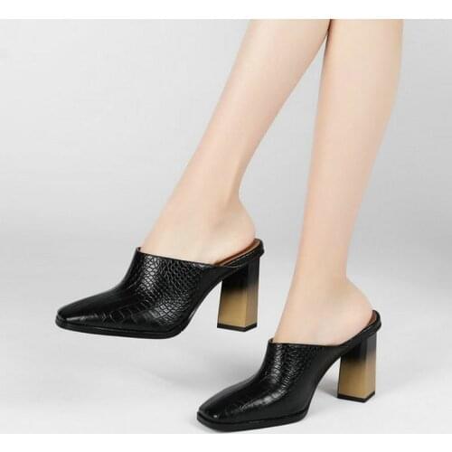 QZYERAI 2021 New Style European Brand Womens Shoes Leather High-heeled Slippers Fashion Slippers Ladies Dress Shoes