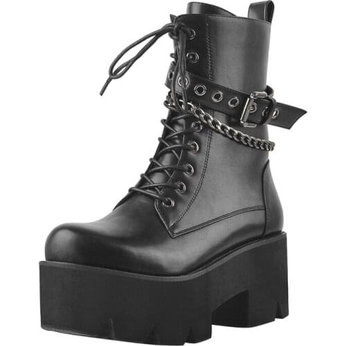 Richealnana Lace-up Round Toe Boots Metal Chain Platform Chunky Heels Matte Black Buckle Ankle Booties Zipper Big Size
