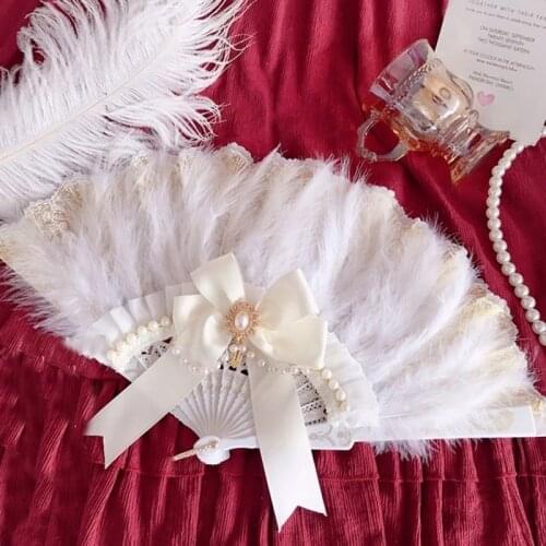 Lolita KC Cosplay Hand-Held Fans Vintage Style Big Bow White Angel Feather Folding Fan Gothic Dance Home Decoration Hand Fan