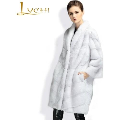 LVCHI Winter New Arrival Fashion Women Natural Mink Fur Coat White Thick Striped Cut Turn-down Collar Girl Fur Coat 2019 X-Long
