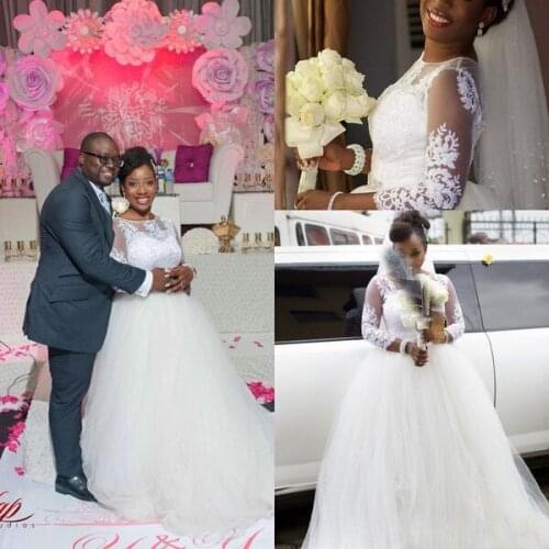 African Style Wedding Dress New Long Sleeve Lace Floor Length Bridal Gown Round Neck Wedding Dress Custom Made