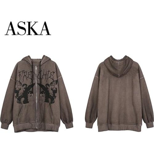 Zipper Up Y2K Hoodies Harajuku Autumn Sweatshirt Long Sleeve E-girl Brown Grunge Pockets 90s oversize angel dark print Loose top