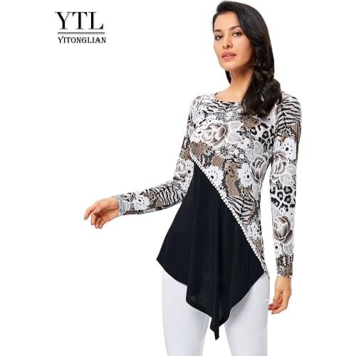 YTL Women Autumn Fashion Printed T-shirts Leopard Patchwork Asymmetrical Hem Long Sleeve Tops For womens Ladies Tunic Top H256