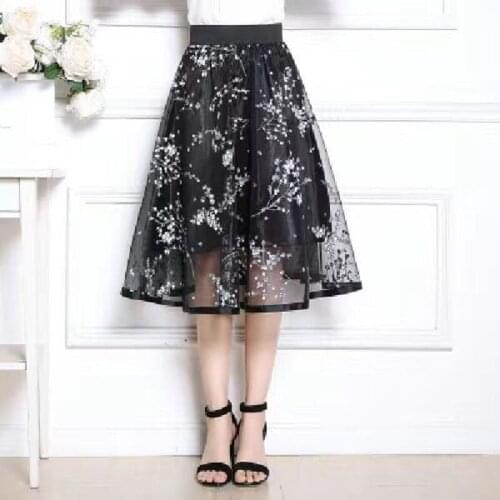 New Retro Plum Blossom Elegant Ladies Pleated Skirts Black High Waist Floral Ball Gown faldas mujer Sexy Mesh White Plus Size XL
