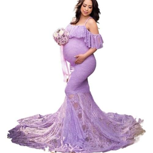 Womens Lace Pregnant Dresses Trailing Ruffles Maternity Gown Dress for Photo Shoot Long Dresses Photography Flying Sleeve Dress