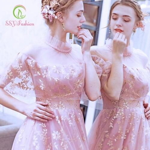 SSYfashion High Neck Half Sleeves Lace Up Back Floor-Length Tulle Pink Long Evening Dresses Custom Special Occasion Dresses
