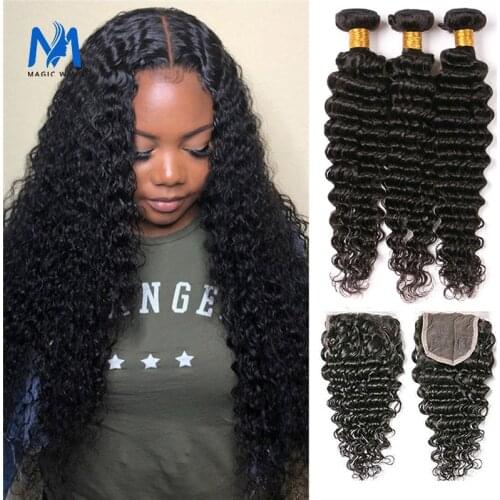 30in Deep Wave Bundles With Closure Brazilian Curly Hair Bundles With Closure Human Hair Frontal With Bundle Remy Hair Extension