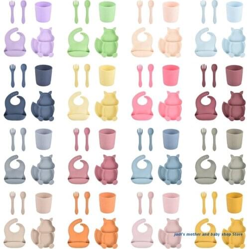67JC 5 Pcs Baby Silicone Bib Divided Dinner Plate Spoon Fork Cup Set Training Feeding Food Utensil Dishes Tableware Kit