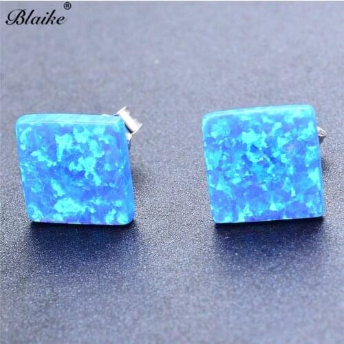 Blaike Big Square Blue Fire Opal Stud Earrings For Women Silver Color Birthstone Earrings Bohemian Female Jewelry