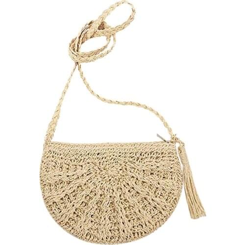 Boho Women Summer Beach Straw Tassel Semicircle Zipper Crossbody Shoulder Bag