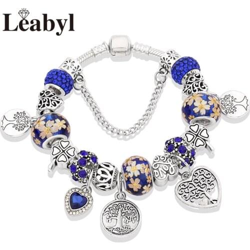 European & American Trendy Dark Blue Flower Charm Bracelet with Heart Silver Plated Tree Leaf Bead Jewelry Bracelet DIY Gift
