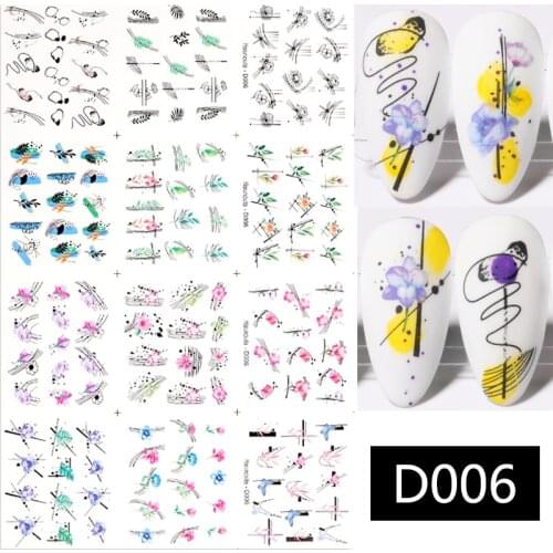 Harunouta 12Pcs Sexy Girl Geometric Lines Nail Water Stickers Spring Simple Flower Leaves Decals Slider DIY Nail Art Decoration