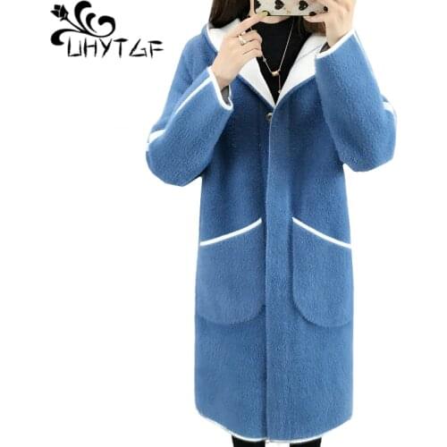 UHYTGF Imitation Mink Fleece Autumn Winter Sweater Coat Women Double-Sided Wear Knit Long Jacket Plus Size Cardigan Female 1326