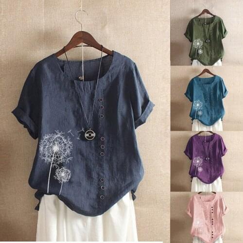 Linen Shirts Women Casual Loose Summer Floral Print O-Neck t-Shirts Short Sleeves Plus Size 5XL Top Cotton Linen Women Shirts