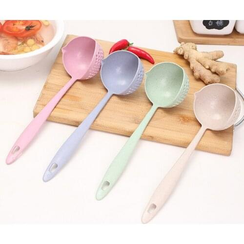 1Pcs Multi-function Kitchen Tools Filter 2 in 1 Long Handle Porridge Spoons Hook Design Wheat Straw/PP Soup Spoon