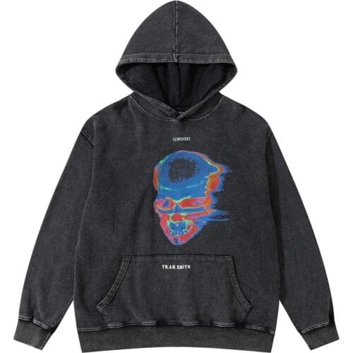 2021 Skeleton Graffiti Print Punk Retro Wash Men Oversized Hoodies Pullover Cotton Hip Hop Hooded Sweatshirts Vintage Clothes