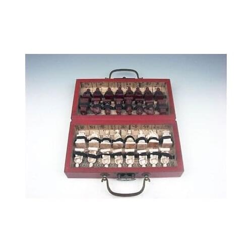 Chinese Army Style 32 Pieces Chess Set Leather Wood Box Board & Traditional Game