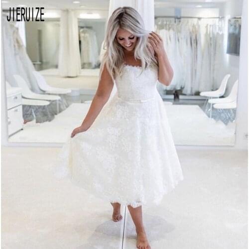 JIERUIZE New Short Boho Wedding Dresses Scoop Neck Bow Sashes Appliques Wedding Gowns Lace Up Back Bridal Gowns robe de mariee