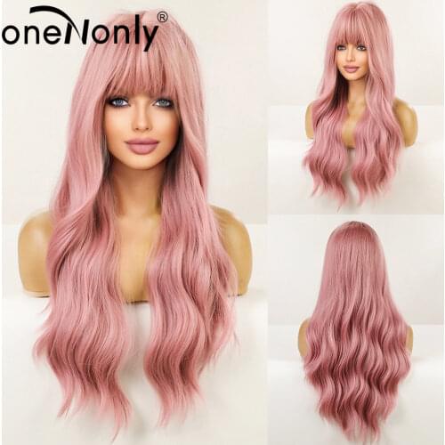 OneNonly Long Pink Wig with Bangs Natural Wave Heat Resistant Wavy Hair Synthetic Wigs for Women Lolita Cosplay