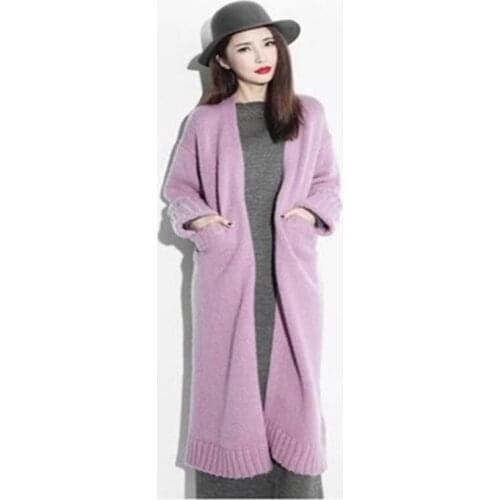 Autumn and winter womens new long section thick wool sweater loose solid color knitted V-neck coat TB7752