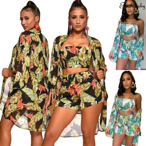 Sexy Women Floral 3Pcs Spaghetti Strap Crop Top Short Pant Trousers Long Sleeve Cape Floral Jumpsuit Romper Print Cloak Cover up