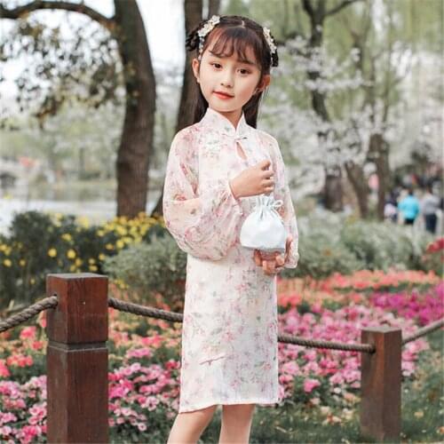 Girls Chiffon Printed Lantern Sleeve Cheongsam Chinese Style Retro Hanfu Cheongsam Skirt 2020 New vestido chino