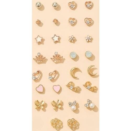 XUAN NGAN 15/Pairs Multicolor Cryatal Crown Star Moon Flower Heart Gold Stud Earrings Set For Women Girl Wedding Christmas Gifts