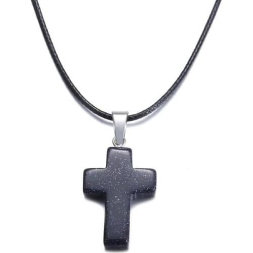 Yingwu Wholesale 5pcs Natural Stone Pendant Cross Pendant Natural Stone Blue Sand Stone Necklace Premium Gem Stone Necklace