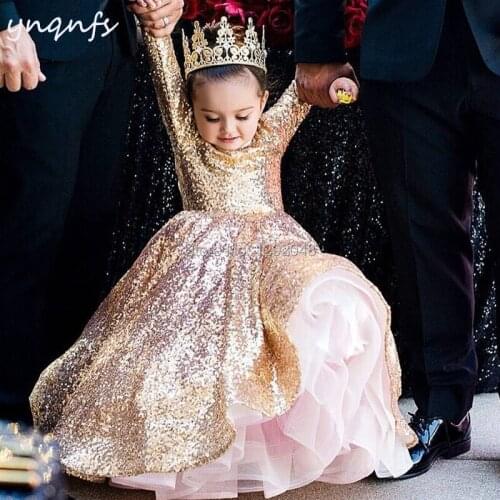 YNQNFS G3 Gold Flower Girl Dresses Long Sleeve Bling Sequins Ball Gown Birthday Dress Party Evening First Communion Dresses