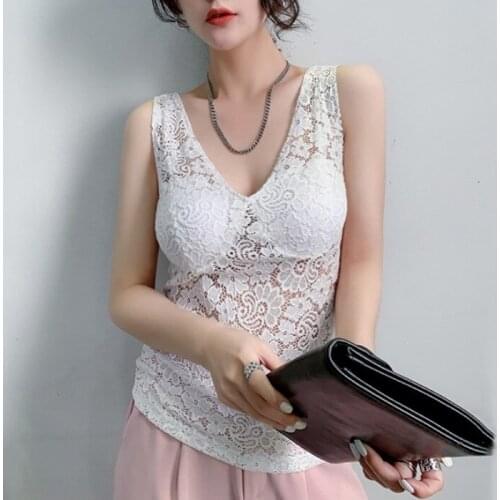 #5339 Black White Lace Tank Top Women Deep V Neck Sexy Hollow Out Thin Lace Crop Top Femme See Through Clothes Summer
