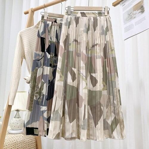 Print Skirts Frill Long Mid-Calf Pleated Skirts Women High Waist Retro Outfits Streetwear 2021