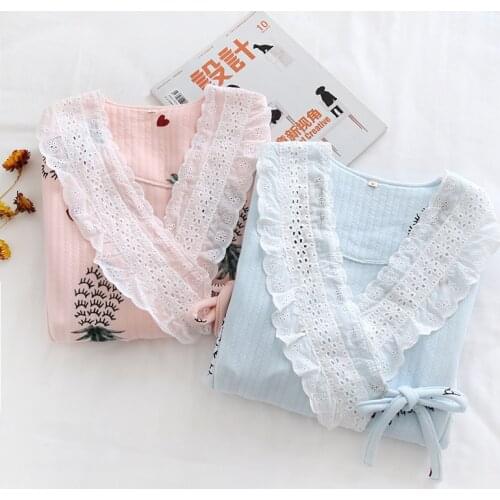 Female Nightgowns Japanese lovely cartoon winter sweater Womens Pajamas Pyjamas Set Sleepwear kimono Suit Pregnant woman Lace