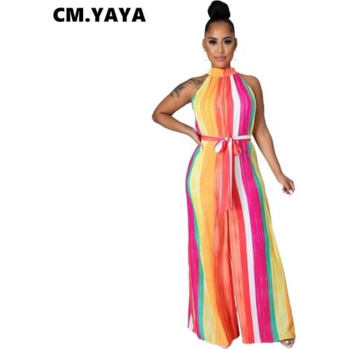 CM.YAYA Women Jumpsuit Striped Sleeveless Bandage Sashes Loose Wide Leg Jumpsuits Fashion One Piece Overalls Summer Outfit 2021