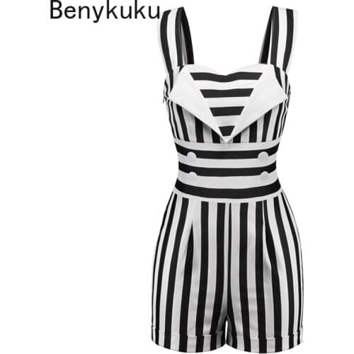 Sexy One Piece Casual Playsuits Summer Clothes for Women Striped Black White Overalls Vintage Jumpsuit Elegant Short Rompers
