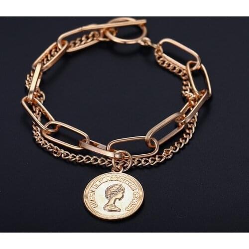 Trendy Vintage Head Portrait Antique Silver Plated Punk Hiphop Rock Style Bracelet for Women Girl Retro Party Jewelry