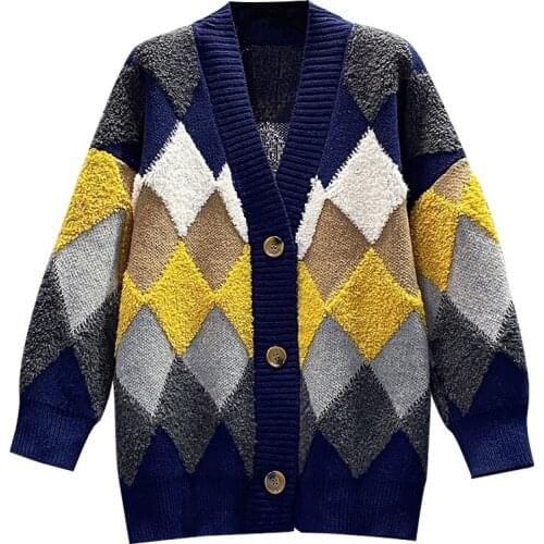 2021 Autum Sweater Women Korean Clothes Loose fashion Sweet Argyle Knit Cardigan Casual Plus Size Coat Winter Oversized Sweaters