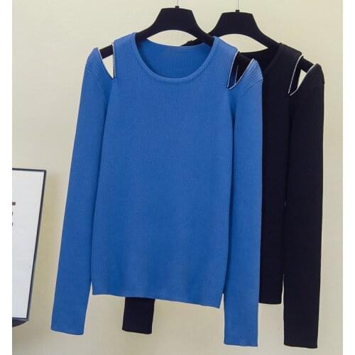 Nkandby Plus Size Knitted Sweaters Female 2021 Autumn Winter Korean Slim Zipper Off Shoulder Jumpers Solid Color Basic Tops
