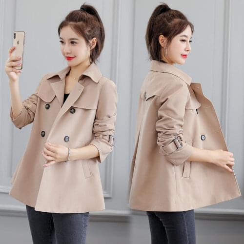 Women Khaki Windbreaker Short Coat Autumn New Korean Casual Double Breasted Student Trench Coat Loose Fashion Elegant Tops
