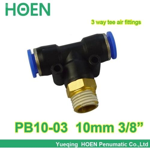 10pcs/lot 10mm thread 3/8" joint 3 way pneumatic fitting PB10-03 Push In One touch tube quick pipe tee Quick Fitting