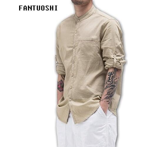 Men shirt long sleeve slim Stand Collar Solid Casual Cotton Linen Shirt Single-breasted mens outerwear plus size 5XL