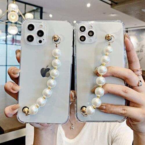 6D White Pearl Bracelet Wrist Chain Case for iphone 11 12 13 mini 11 pro max XR X XS Max 6 6s 7 8 plus SE 2020 Transparent Cover